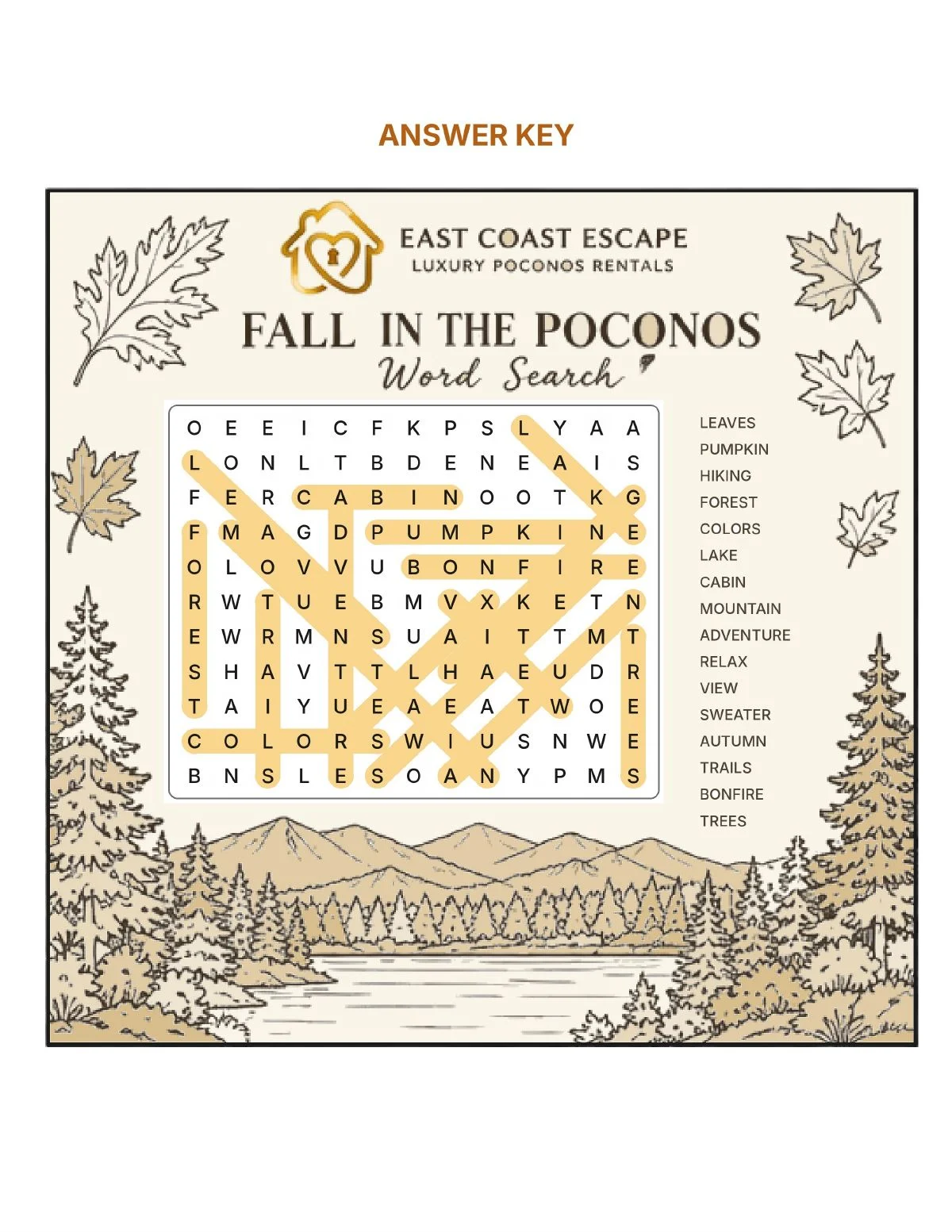 Answer key: Fall in the Poconos Word Search
