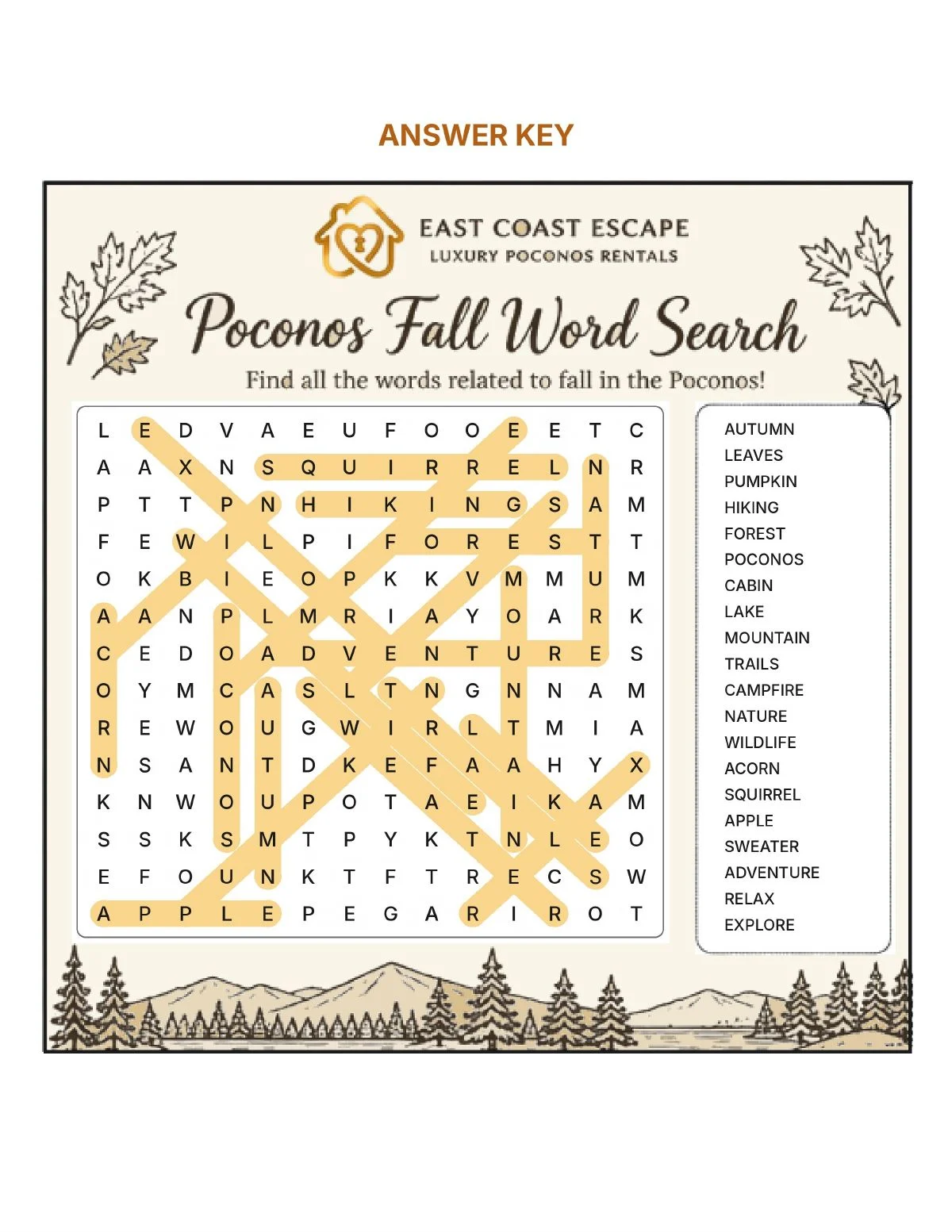 Answer key: Poconos Fall Word Search